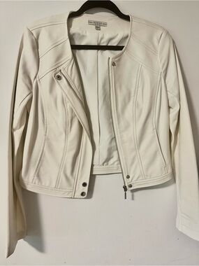 GUESS White Faux Leather Moto Jacket with Snap Details